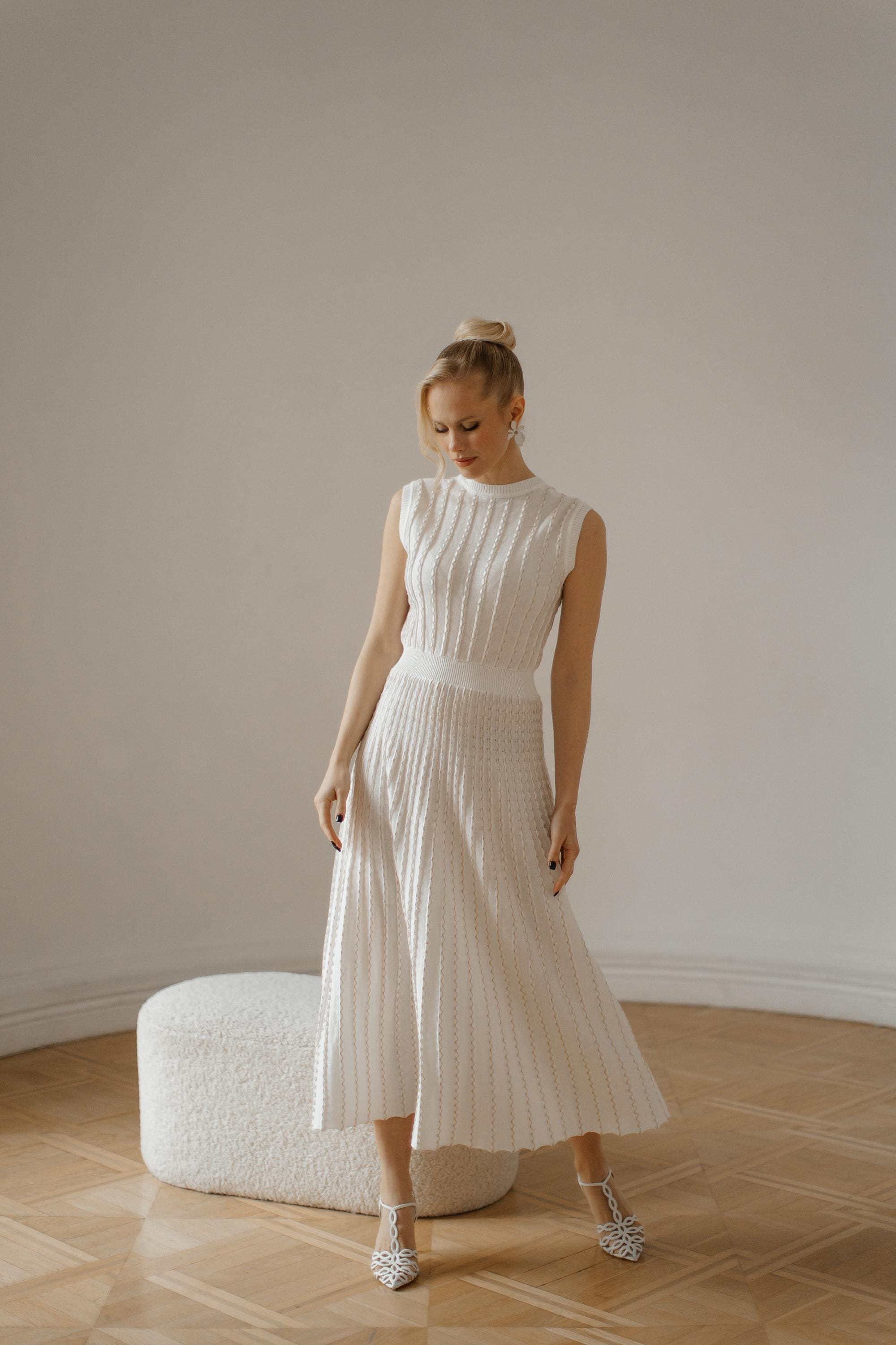 white cotton knit dress Alessia Cotton Knit Combo Mini Dress in ivory