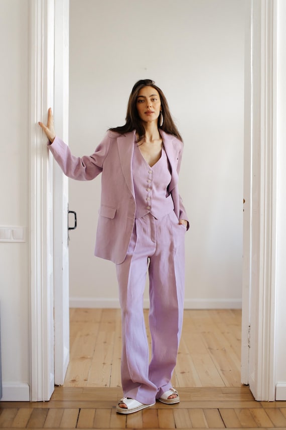 Pezzi Tailleur Con Pantaloni A Palazzo Completo Coordinato In Lino