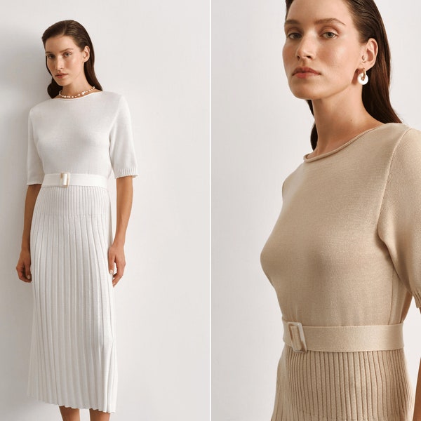 White milky Cozy knit sweaterdress knit dress. Midi knitted cotton dress. Warm knitted women's wear. Beige knit dress with pleated skirt.