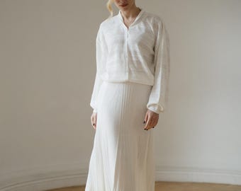 Knitted White Skirt Suit: Winter Wedding Dress, Pleated Maxi Skirt