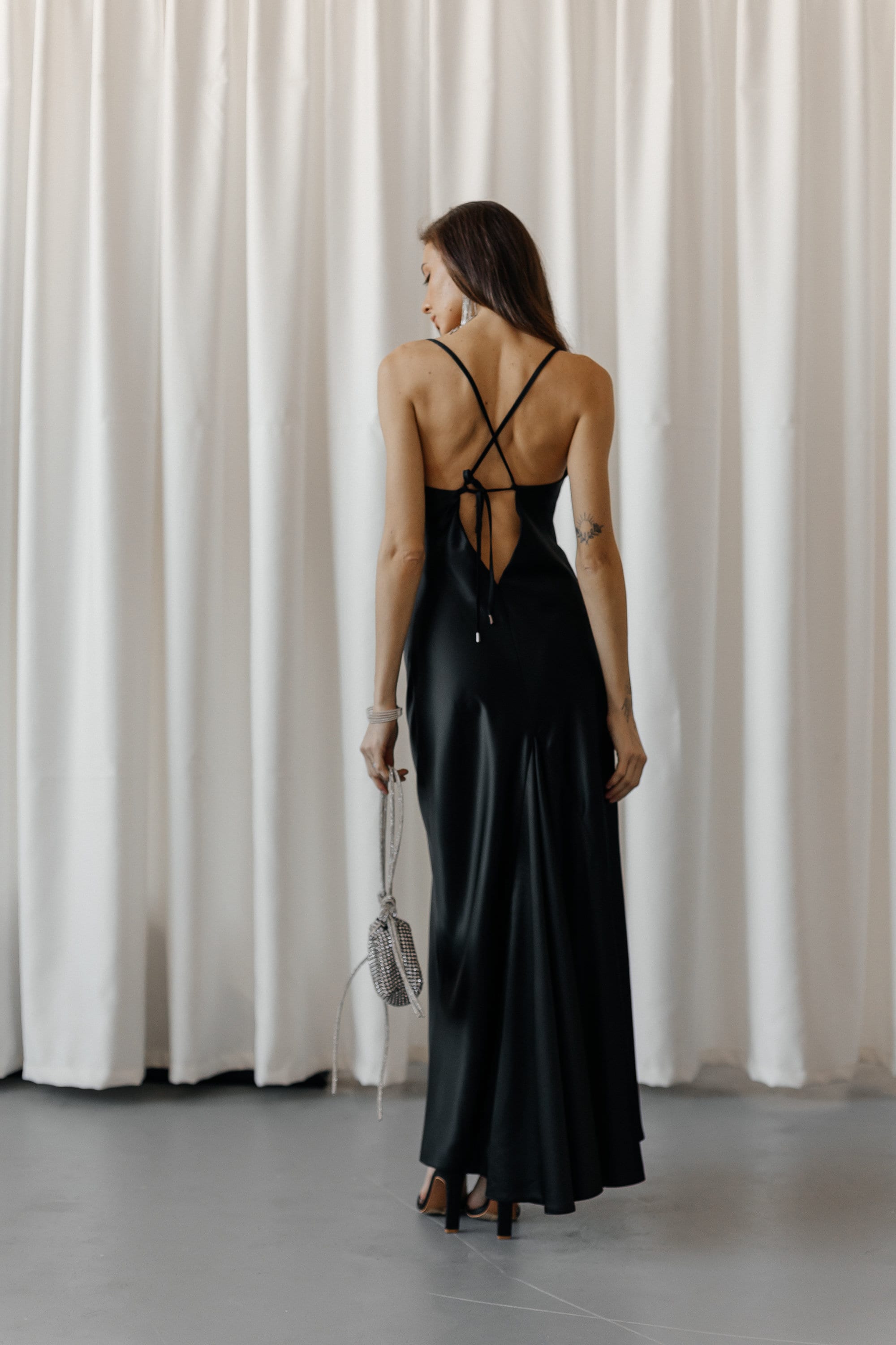 silk cowl neck backless maxi dress Lady Black Tie - Lina Satin Cowl Neck Maxi Dress With Draped Back