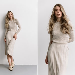 Beige Cozy formal sweaterdress knit dress. Midi knitted cotton dress. Warm knitted women's wear. Beige knit dress with pleated skirt.