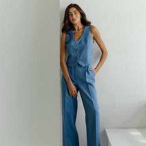 Dusty Blue Classic 2-piece pants suit with vest and palazzo trousers. Vest and trousers matching set. Blue formal event pants suit.