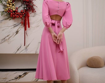 Pink Barbie women's event dress with puffy short sleeves and open back.Backless pink midi dress. A-line Wedding guest dress