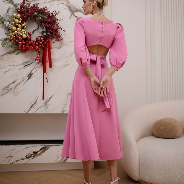 Pink Barbie women's event dress with puffy short sleeves and open back.Backless pink midi dress. A-line Wedding guest dress