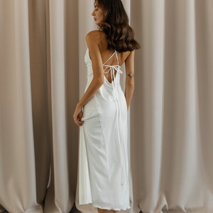 Gorgeous satin slip dress. White silk slip dress for occasions. Briedsmaids white silk dress with cowl neck and open back.Backless maxi robe