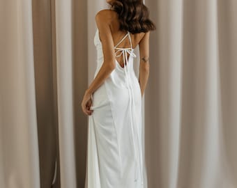White Silk Midi Slip Dress: Cowl Neck, Open Back
