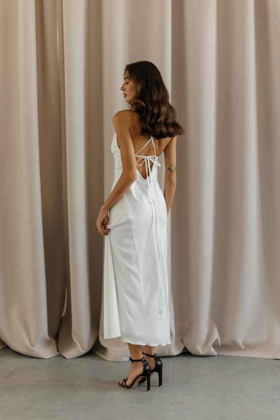 white satin tie dress