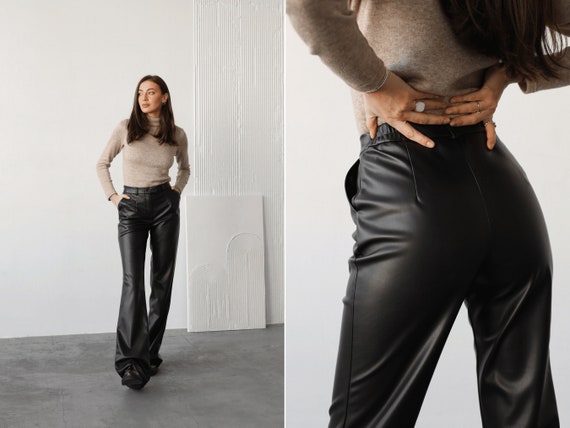 Women Black Faux Leather Pants. Black Wide Leg Pants. High Waisted Pants. Flared  Trousers 