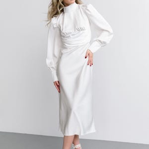 White wedding dress. Silk wedding dress with turtleneck. Wedding guest dress. Long sleeves white dress. Elopement white dress.Mother&#39;s dress