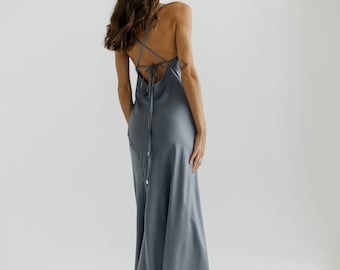 Silk Maxi Slip Dress: Dark Grey Sleeveless Cowl Neck