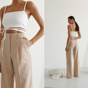 Beige women pants. Wide leg pants. Business linen pants. Palazzo pants