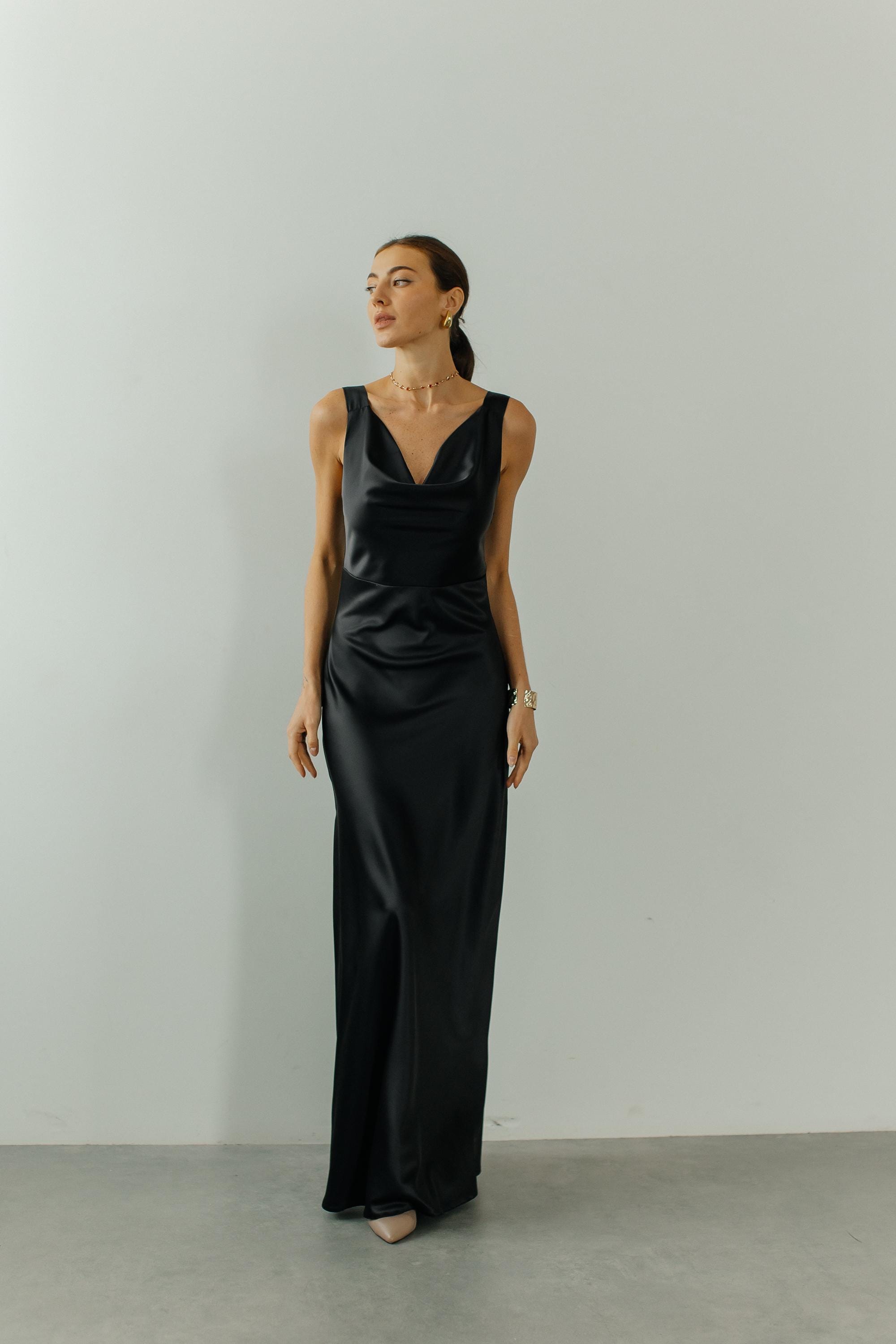 black abstract print satin cowl neck maxi dress Black Abstract Print Satin Cowl Neck Maxi Dress