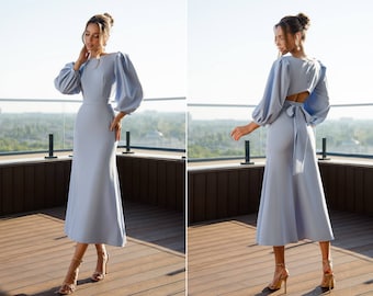 Sky blue women's event dress with puffy short sleeves and open back.Backless  blue midi dress. A-line Wedding guest dress with short sleeves