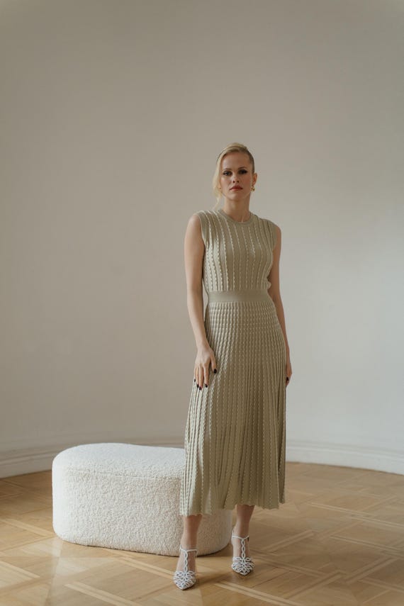sage green jumper dress Knitted Cotton Dress: Sleeveless Midi Pleated Skirt grey junior party dress