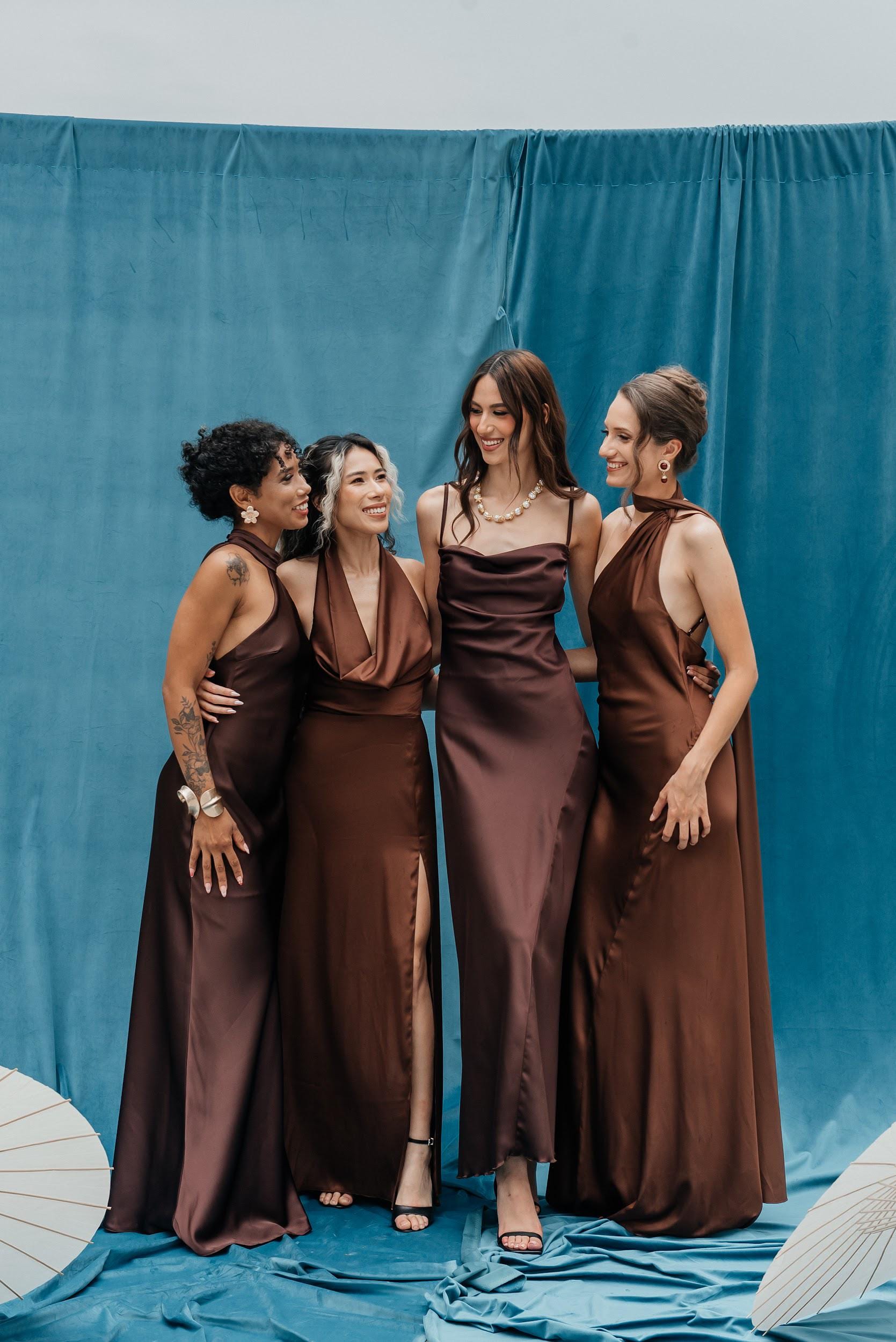 brown dresses for sale Chocolate Satin Mermaid Maxi Dress: Backless Silk Gown. Brown Wedding guest dress. Bridesmaid's dress. Satin Brown dress sleeve: long sleeves Black and Gold haute Size:6 B(M) US High neckline