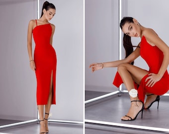 Hot red midi pencil dress with side slit. Stretchy event formal dress sleveless. Midi stunning women's event dress. Performance dress.