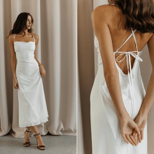 Gorgeous satin slip dress. White silk slip dress for occasions. Briedsmaids white silk dress with cowl neck and open back.Backless maxi robe