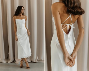 Gorgeous satin slip dress. White silk slip dress for occasions. Briedsmaids white silk dress with cowl neck and open back.Backless maxi robe