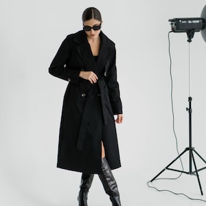 Black Classic trench coat. Women Lapel Neck double breasted belted cotton trench jacket. Spring/Fall classic outerwear. Long chic overcoat