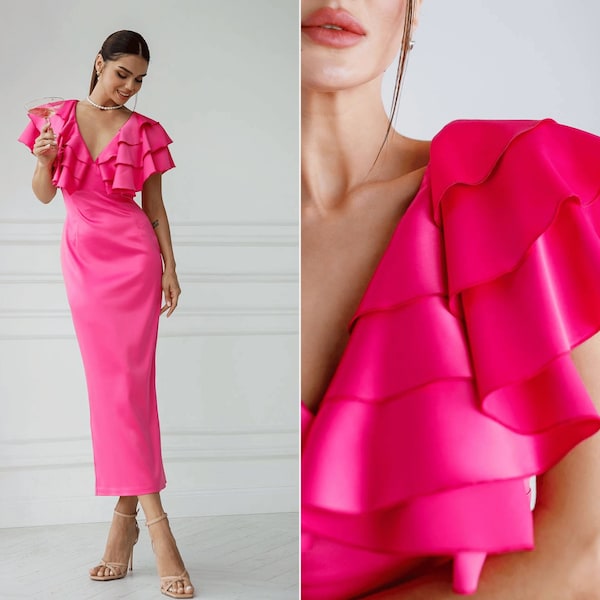 Hot Pink ruffled dress with short sleeves and V-neck. Midi pink satin dress. Women's silk Dress for occasions .