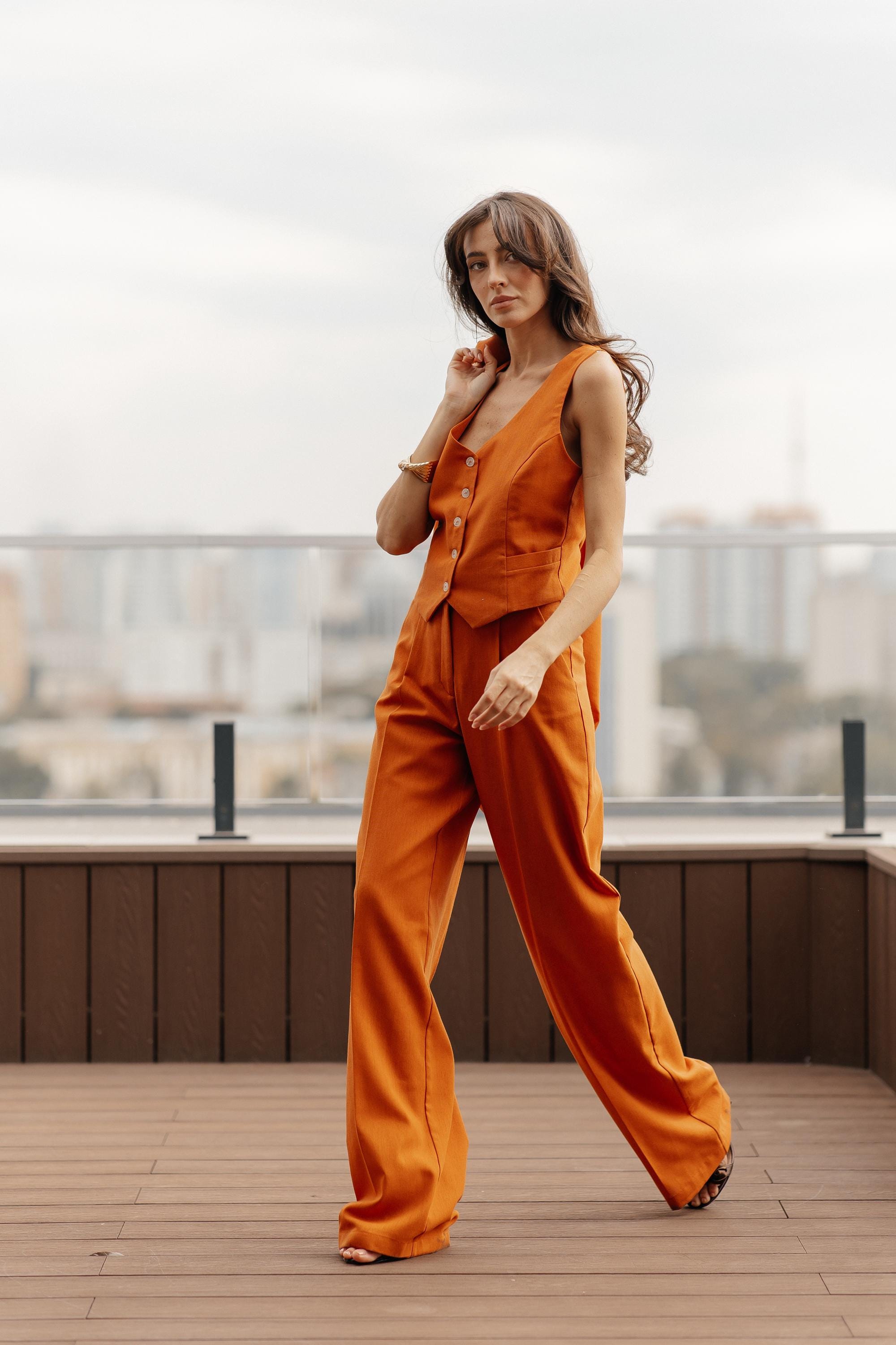 Terracotta Linen Vest Suit: Women's Palazzo Pants & Vest - Wedding