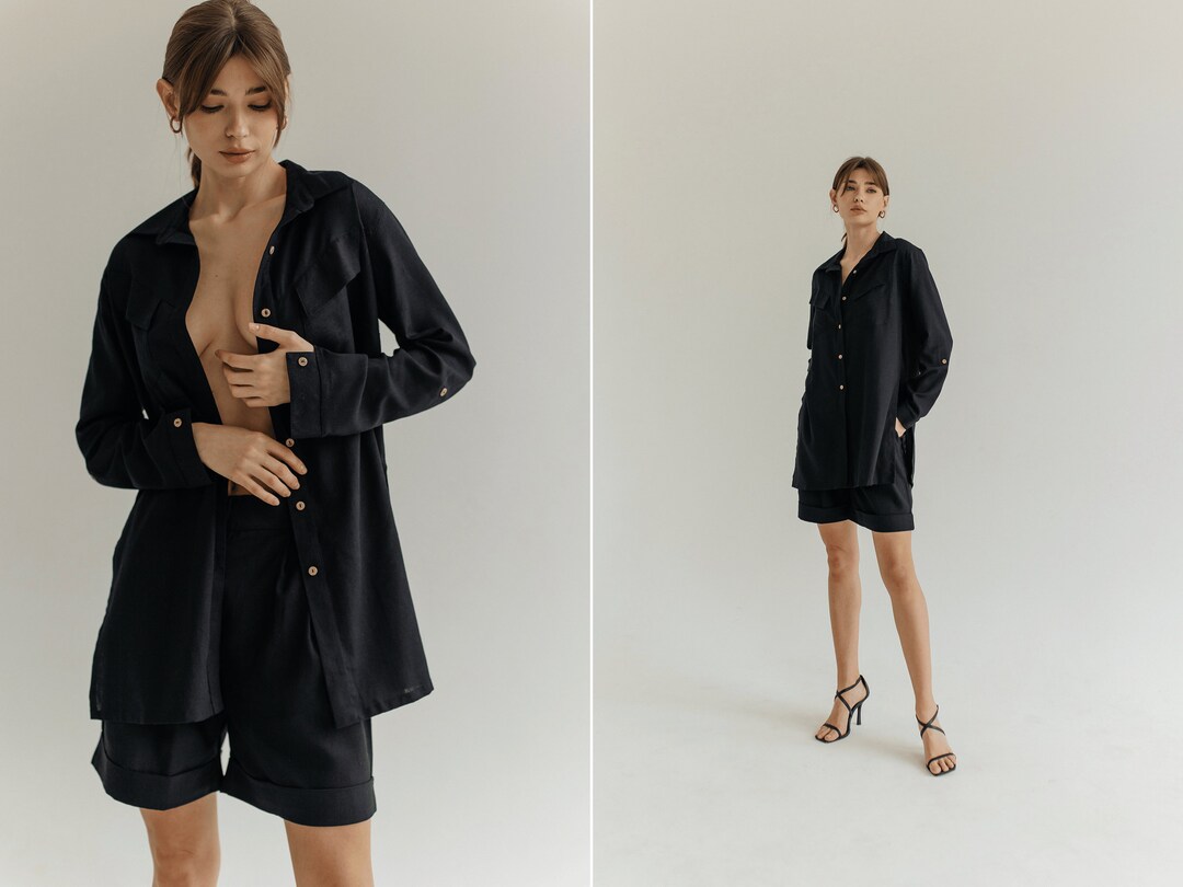 Black Womens Linen Summer Set Shirt and Shorts. Linen 2 Piece Set ...