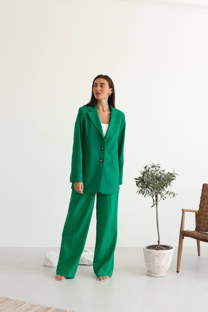 kelly green dress pants Kelly Green Linen Blazer & Palazzo Pants Suit: Women's Summer Two-Piece