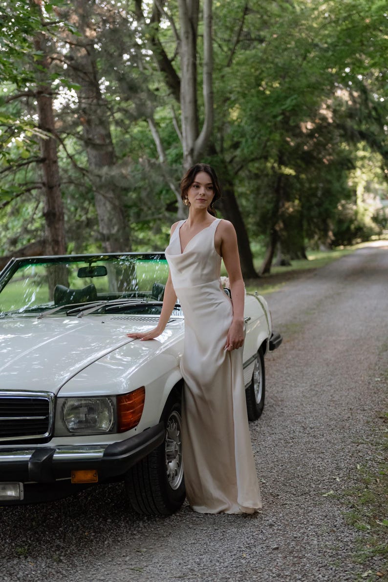 A-line Cowl Neck Satin Dress with Slit Champagne Plus Size main image 1