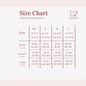 May include: Size chart for clothing with measurements in inches and centimeters. The chart shows sizes XS, S, M, and L with corresponding US and UK sizes. Measurements are provided for bust, waist, and hips.