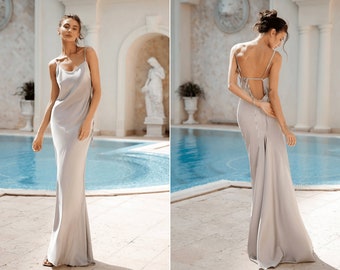 Stunning silk slip maxi dress. Floor silk dress with open back. Lace -up backless dress with spaghetti straps. V-nack silk dress.