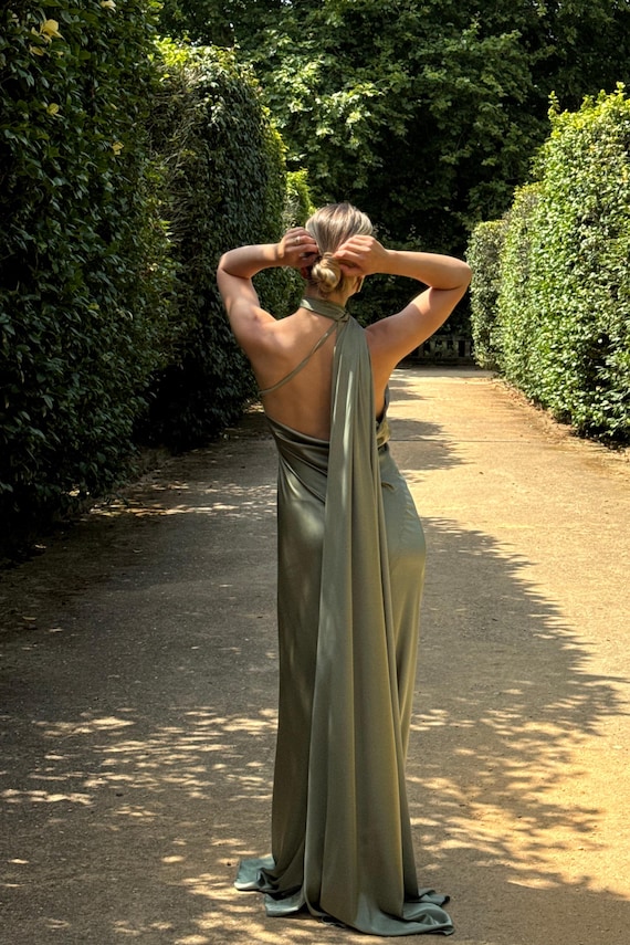 Olive Satin Silk Maxi Dress: Backless Wedding Guest Dress