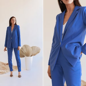 Blue two piece linen suit. Women wedding guest suit. Single breasted blazer lapel long sleeves pantsuit. Cotton blazer and trousers set