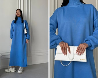 Cozy formal sweaterdress knit dress. Maxi knitted cotton dress. Warm knitted women's wear. Royal Blue Beige knit dress straight relaxed fit