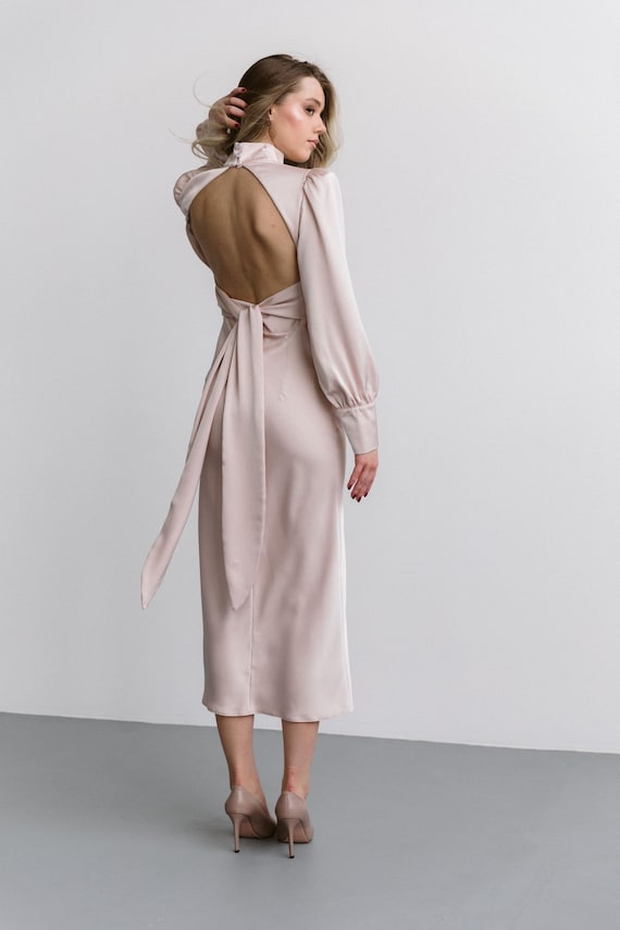 high neck backless midi dress Ivory Silk Dress: Turtleneck Event Gown Love by Enzoani - elongated silhouette FLASHSALEJUL26 Color:Skydiver