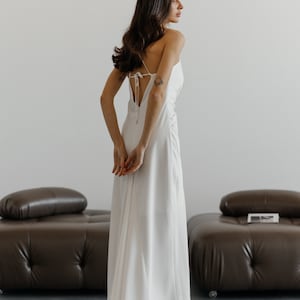 Stunning satin white slip dress. White silk slip dress. Briedsmaids white silk dress with cowl neck and open back.Backless maxi robe