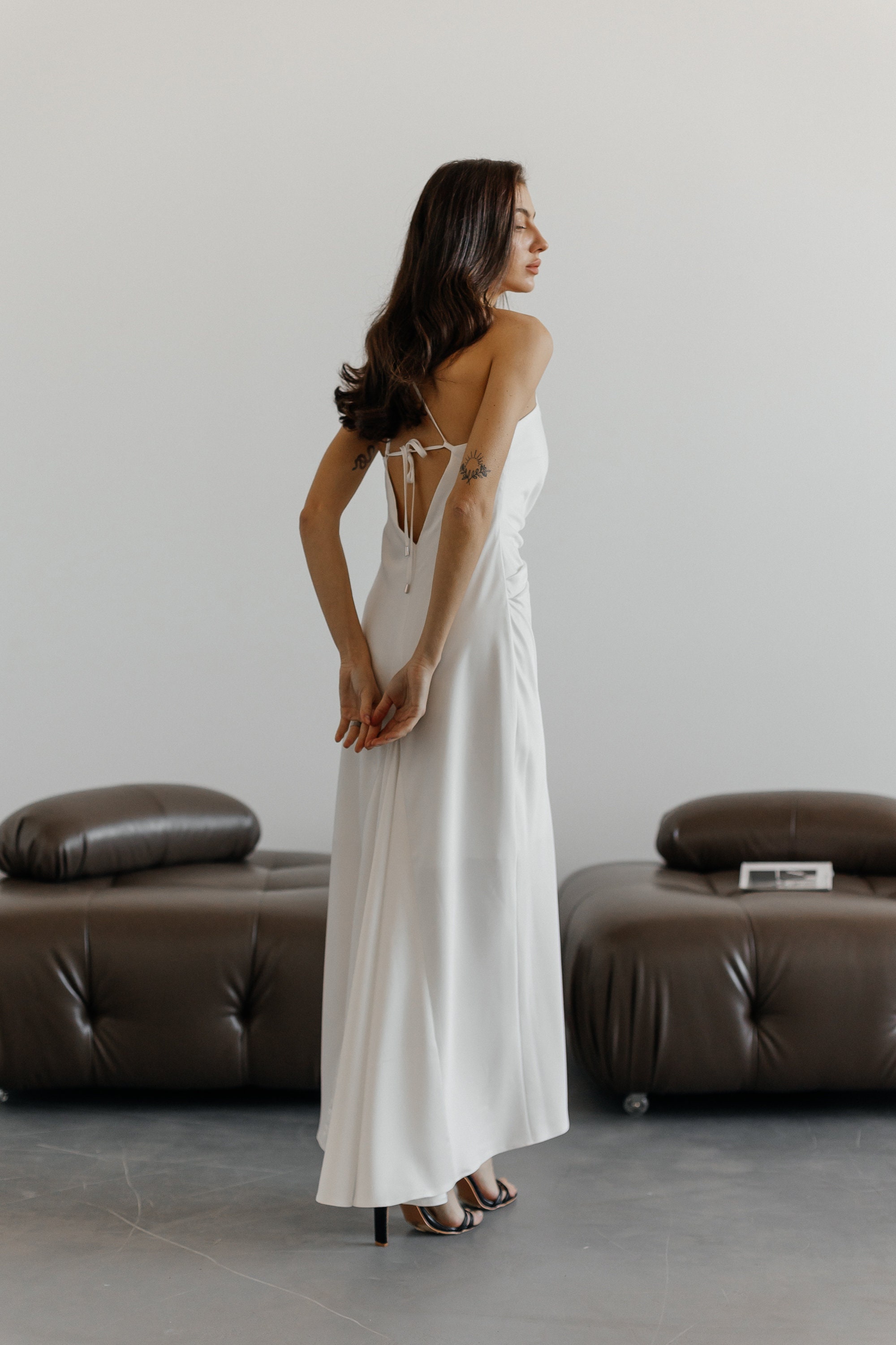 backless white satin dress White Satin Slip Dress: Cowl Neck Backless Maxi Robe