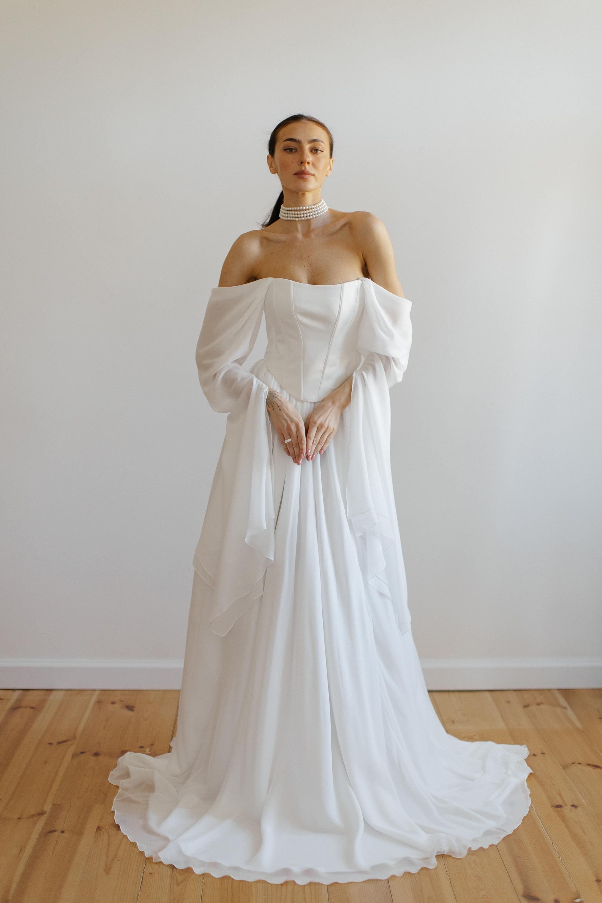 Limited Collection Bridal Dress White Maxi ALBA. Chiffon dress. Skirt and corset with long sleeves. Simple wedding dress.Bridal corset Dress