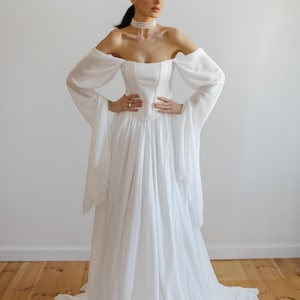 Limited Collection Bridal Dress White Maxi ALBA. Chiffon dress. Skirt and corset with long sleeves. Simple wedding dress.Bridal corset dress