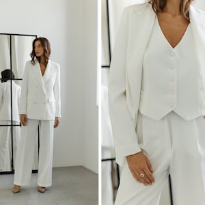 Stunning wedding pantsuit. White bridal women's three piece suit. 3 piece pantsuit. Jacket vest and palazzo trousers matching set. image 1