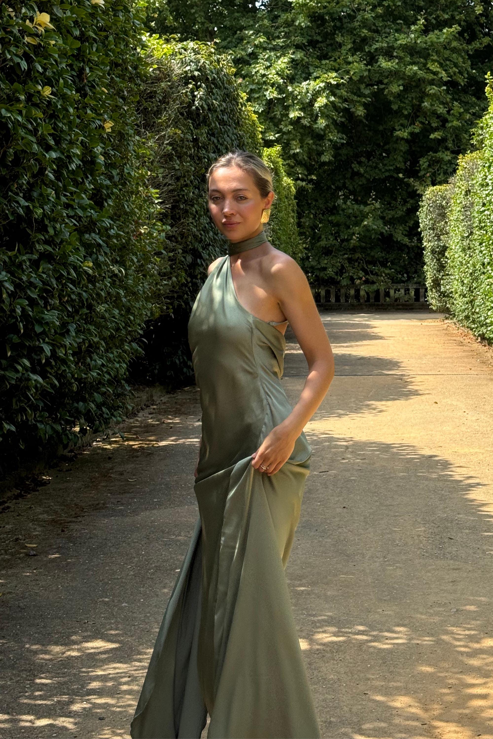 Olive Satin Silk Maxi Dress: Backless Wedding Guest Dress