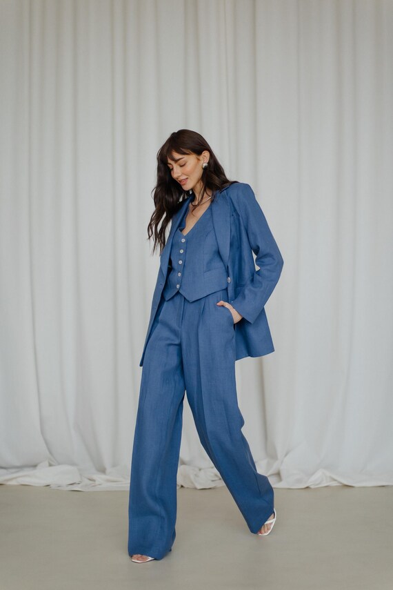 Linen Suit Jacket Blue Linen Blazer Womens Jeans Blue 2-piece