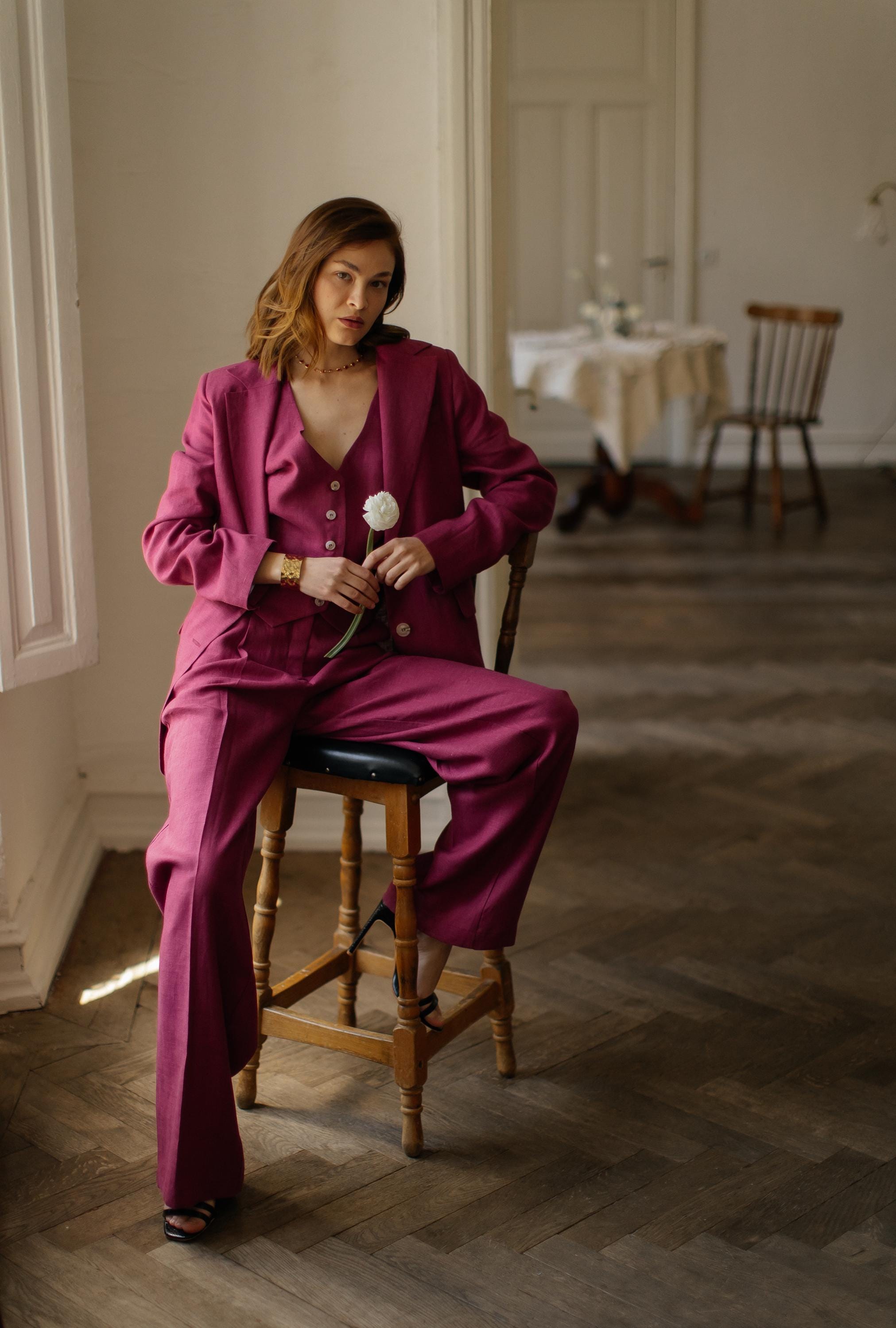 Dark Raspberry Linen 3-piece Matching Suit Straight Jacket, Vest and ...