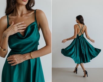 Emerald Green Silk Dress: Backless Cowl Neck Wedding Guest Dress