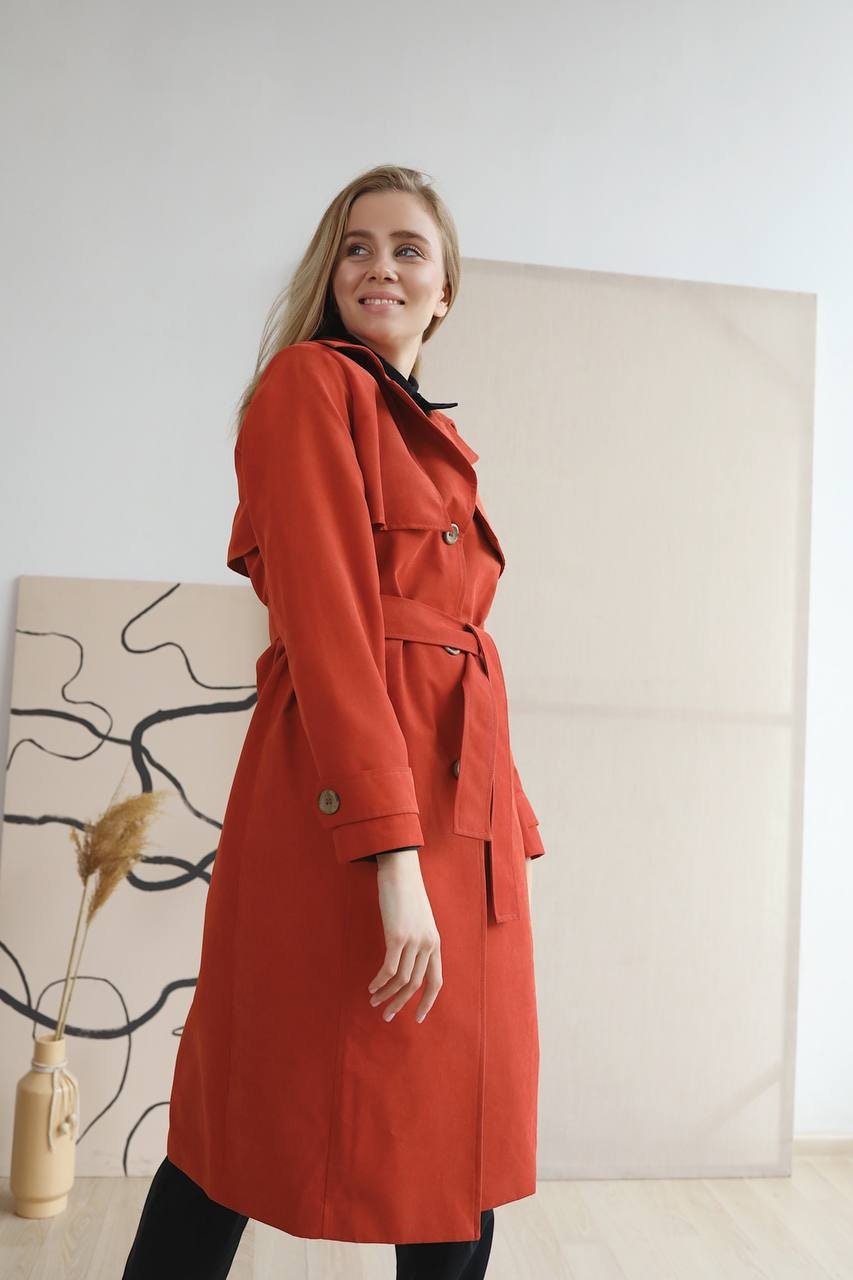 Women Long Trench Coat in Terracotta Color. Belted Trench