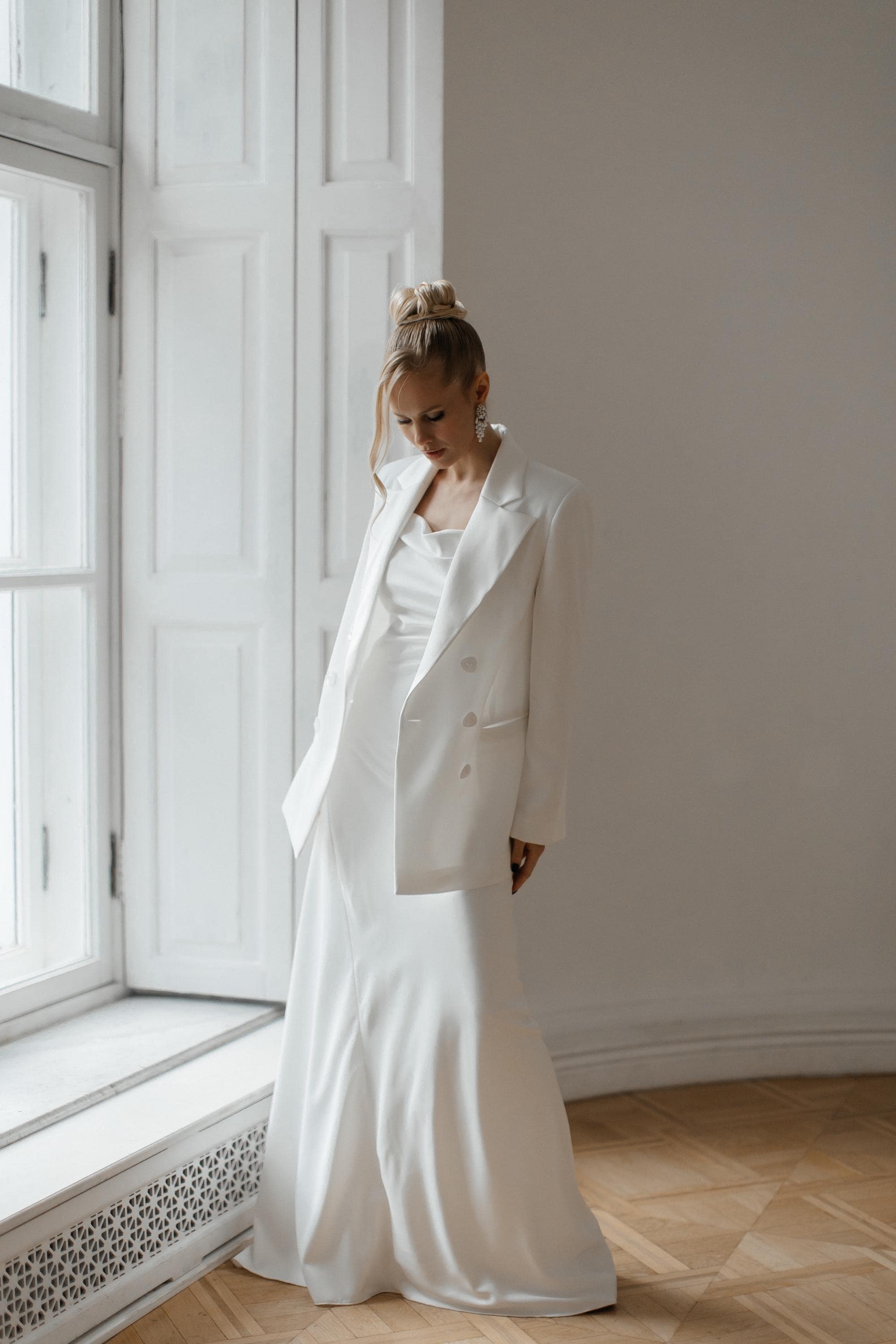 white satin blazer dress Dresstells Women White Midi Satin Work Blazer Dress with Slit Peak Lapel  Long Sleeves Semi Formal Dress