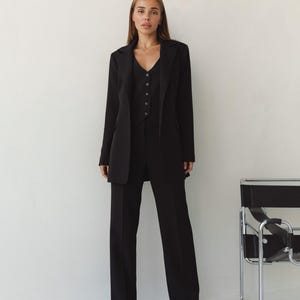 Business suit. Black 3-piece matching suit with Fitted Jacket, Vest and Straight Pants. Prom suit. Office pants suit. Trousers set