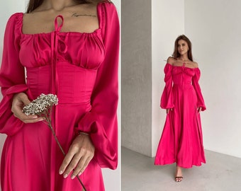 Hot Pink event formal dress. Long maxi silk dress off the shoulders. Romantic event dress in pink colour. Puff long sleeves event dress.