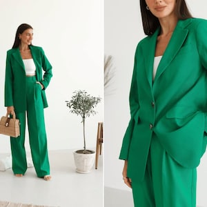 Green relaxed fit Women blazer and trousers suit. Loose fit straight jacket & palazzo wide-leg pants. Formal linen two-piece suit for summer