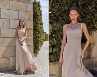 Gorgeous maxi dress in beige color. Satin slip dress. Beige silk slip dress for occasions. Briedsmaids silk dress. Sleevless long dress.